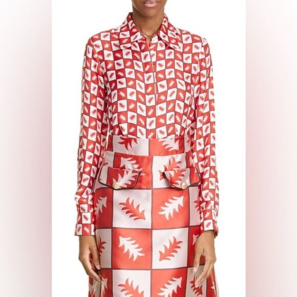 NWOT Lisou Bailey Long Sleeve Fern Print Silk Blouse in Red Multi $355 RARE Sz 4 - Picture 4 of 16